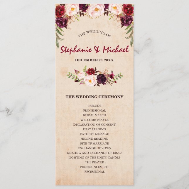 Menu Burgundy Red Floral Rustic Wedse (Frente)