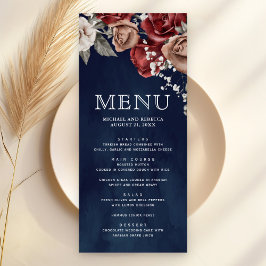 Menu Burgundy Red Roses Floral Navy Blue Wedding