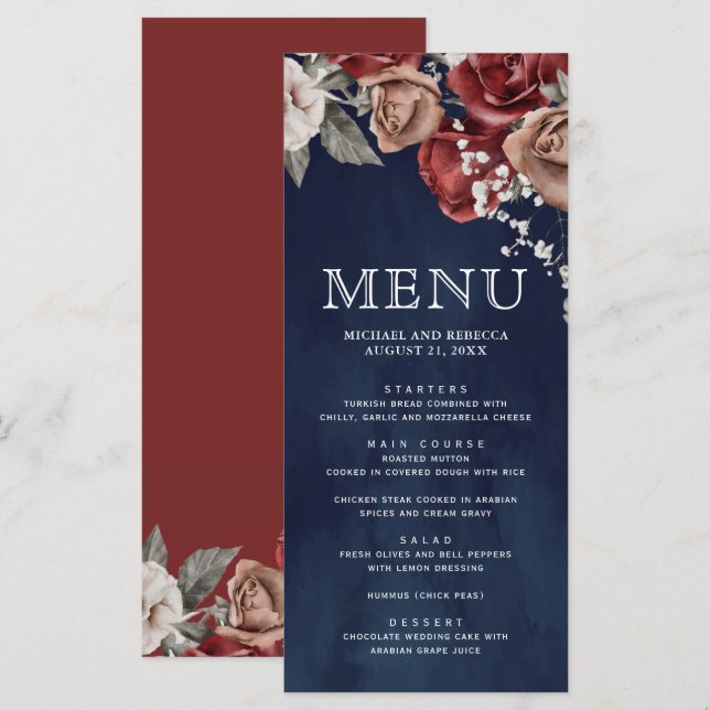 Menu Burgundy Red Roses Floral Navy Blue Wedding (Frente/Verso)