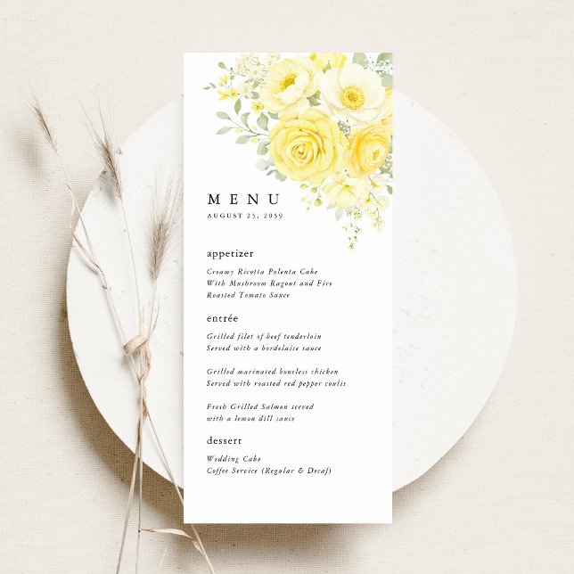 Menu Butter Yellow Ivory Floral Wedding Reception (butter yellow ivory floral wedding menu card yellow rose menu elegant reception table setting)