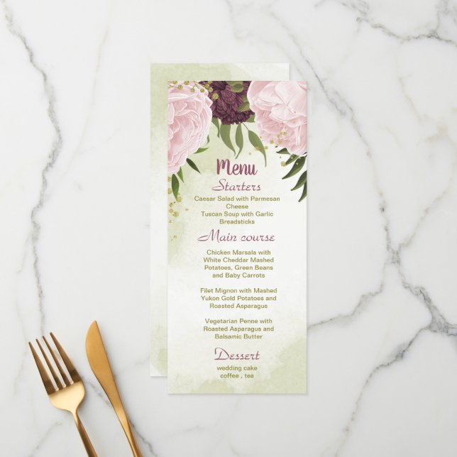 Menu cabine cor-de-rosa flores verdes folhas casamento (Frente/Verso In Situ)