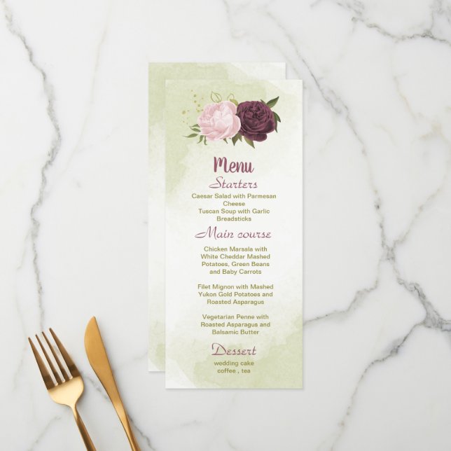 Menu cabine cor-de-rosa flores verdes folhas casamento (Frente/Verso In Situ)