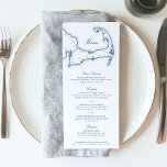 Menu Cabo Cod Destino Marinho Azul<br><div class="desc">Estes menus do mapa do Cabo Cod são perfeitos para várias ocasiões, desde a recepção de casamento do seu destino no Cabo Cod, janto de ensaio do Cabo Cod, festa de noivado ou janto formal. Estes menus de casamento fáceis de encomendar apresentam um mapa desenhado à mão de Cabo Cod...</div>