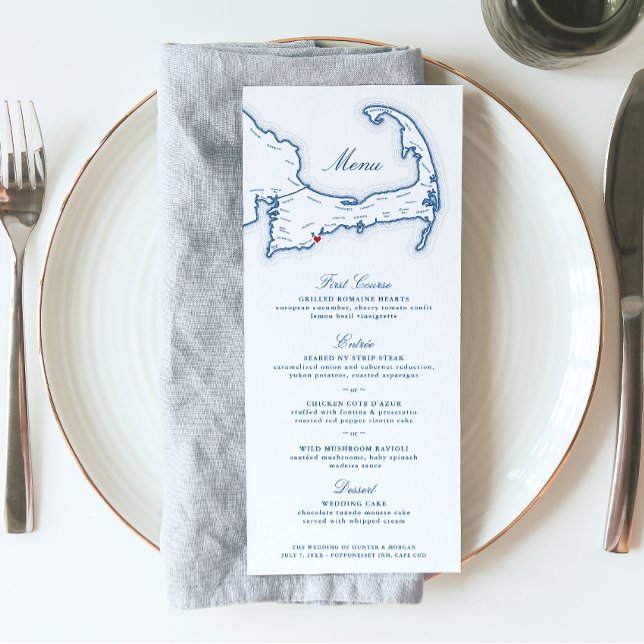 Menu Cabo Cod Destino Marinho Azul (These navy blue and white Cape Cod Map Wedding menus are perfect for your wedding at Popponesset inn)