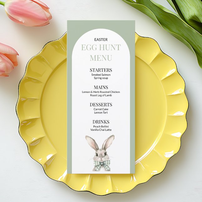 Menu Caça de Ovos de Coelho Verde Elegante Coalhada de  (Elegant Green Bunny Watercolor Rabbit Egg Hunt Menu)
