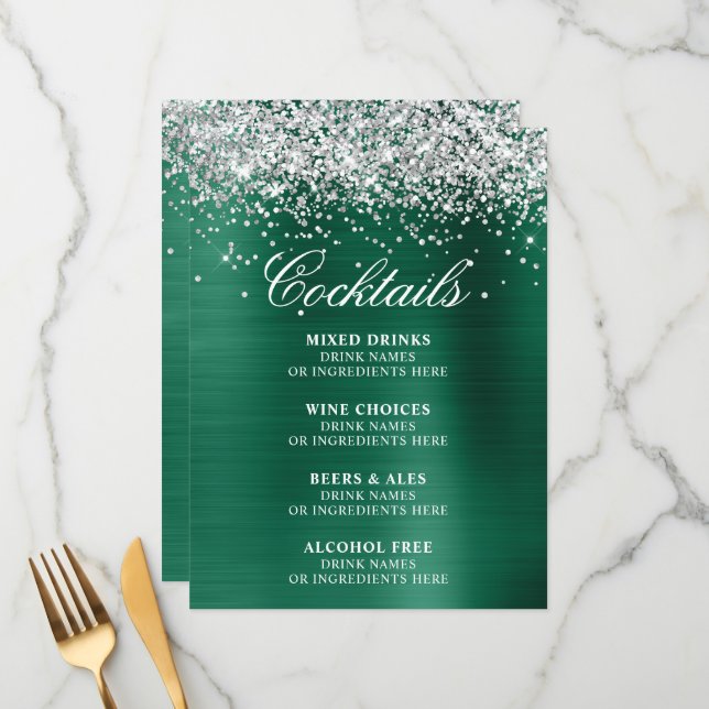 Menu Caça Verde Caçador Glitter Prata Coquetéis Bar (Frente/Verso In Situ)