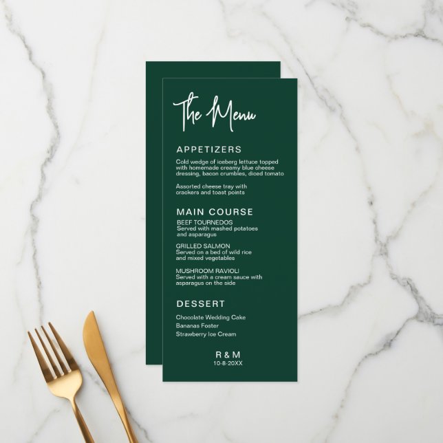 Menu Caça Verde Casamento Clássico Elegante (Frente/Verso In Situ)