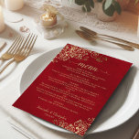 Menu Cachorros Dourados Elegantes em Casamento Vermelho<br><div class="desc">Este belo cardápio de casamento é simples,  elegante,  sofisticado e na moda. Apresenta um elegante design vermelho,  com uma caligrafia antiga em ouro,  e delicados ouros e espirais nos cantos. O fundo apresenta uma textura marmoreada.</div>