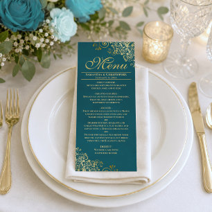 Menu Cachos e Espirais Dourados Elegantes em Casamento