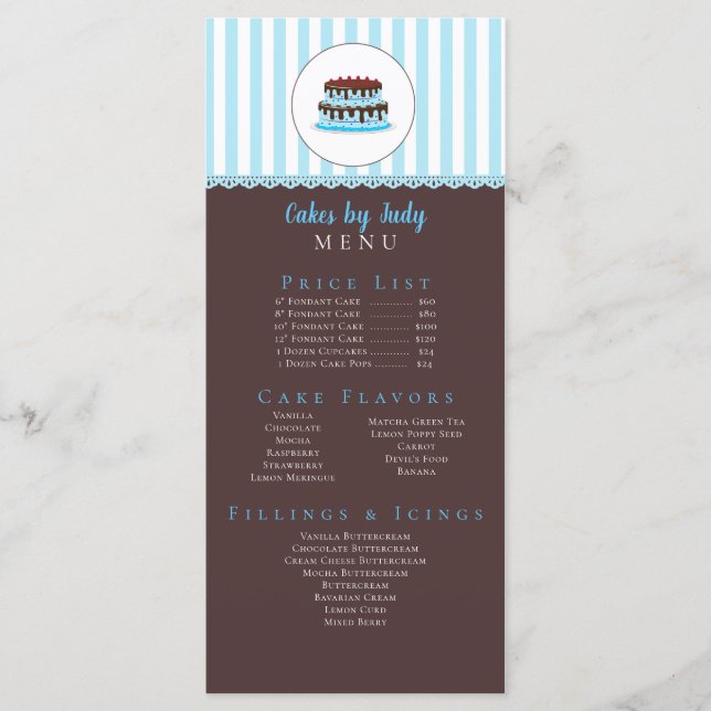 Menu Cake Decorator Whimsicial Blue & Brown Bakery CUTE (Frente)
