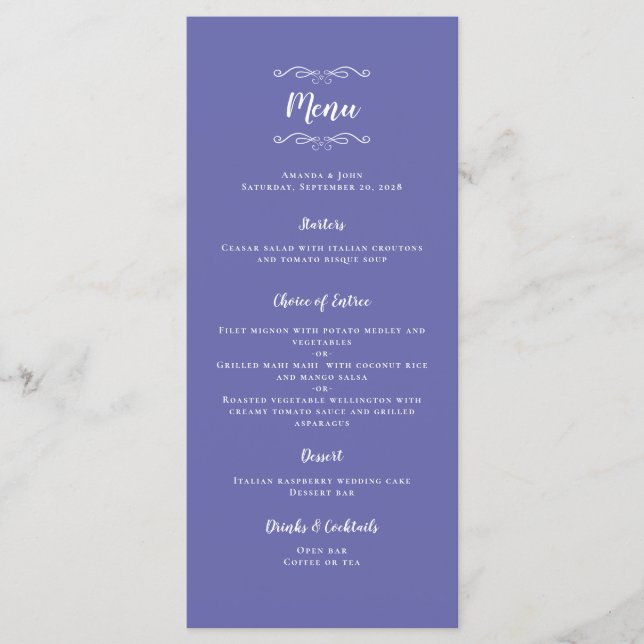 Menu Caligrafia de Casamento Elegante Azul Periwinkle M (Frente)