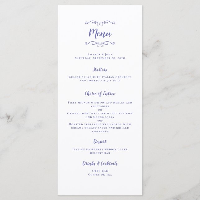 Menu Caligrafia de Casamento Elegante Azul Pervinca Chi (Frente)