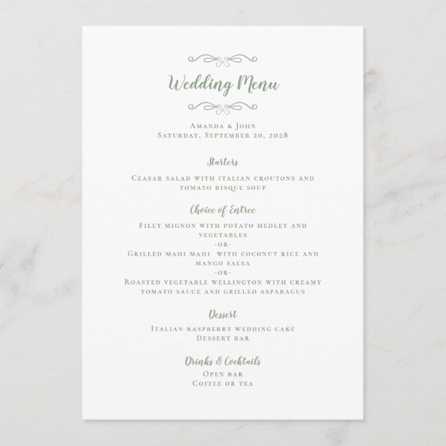 Menu Caligrafia de Casamento Elegante Jantar Verde Salv (Frente)