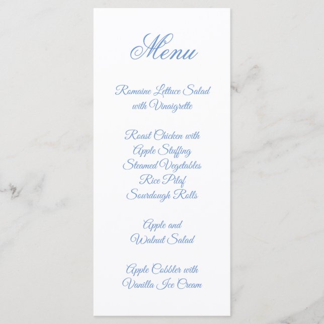 Menu Caligrafia de Letra Chique Azul Centáurea (Frente)