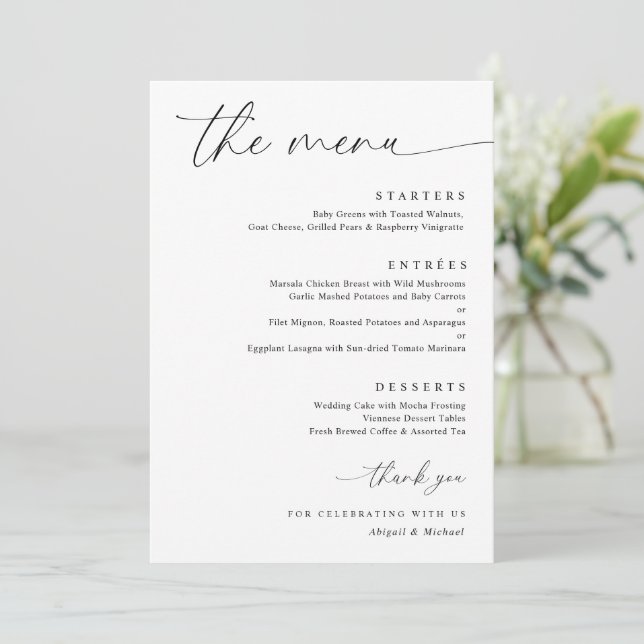 Menu Caligrafia Delicada Casamento Romântico Moderno (Em pé/Frente)
