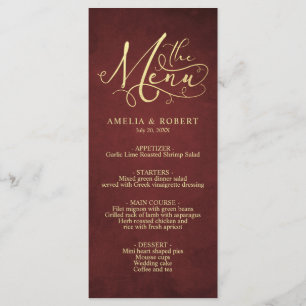Menu Caligrafia Dourada com Pergaminho Whimsical Burgun