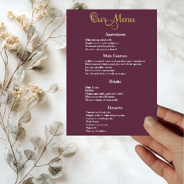 Menu Caligrafia Dourada Elegante no Janto Casamento Rox