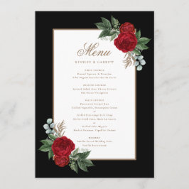 Menu Caligrafia Dourada Floral Vermelha Elegante Preta 