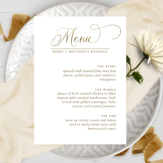 Menu Caligrafia Elegante, Branco e Dourada (Criador carregado)