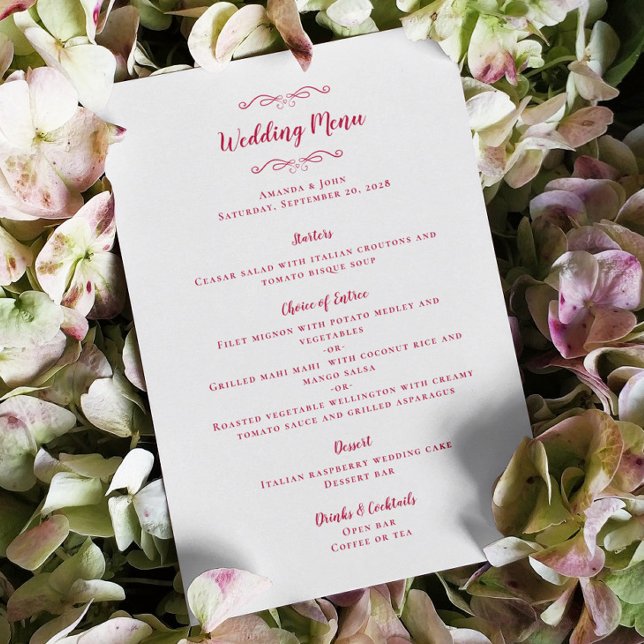 Menu Caligrafia Elegante Magenta Janto Convidado (Elegant Wedding Calligraphy Magenta Red White Guest Dinner Menu)