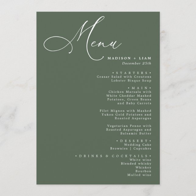Menu Caligrafia elegante verde de casamento (Frente)