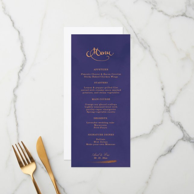 Menu Caligrafia Emerald Purple e Casamento Dourado (Frente/Verso In Situ)