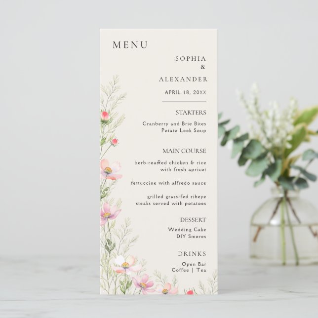 Menu Caligrafia minimalista, casamento. (Em pé/Frente)