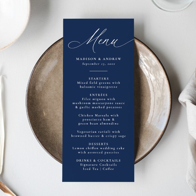 Menu Caligrafia Moderna e Elegante Casamento Azul-Marin (Criador carregado)