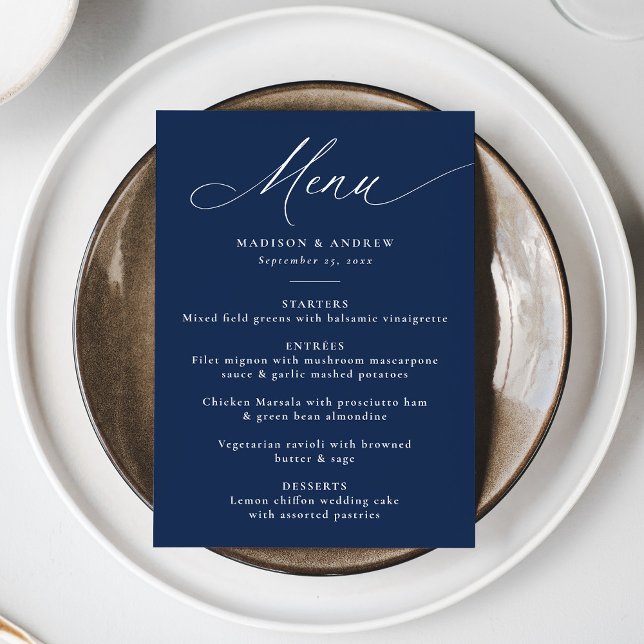 Menu Caligrafia Moderna e Elegante Casamento Azul-Marin (Criador carregado)