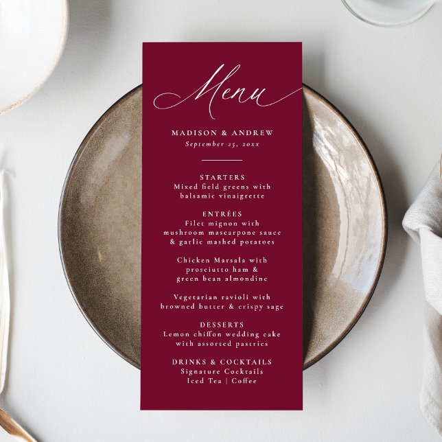 Menu Caligrafia Moderna e Elegante Casamento Borgonha (Criador carregado)