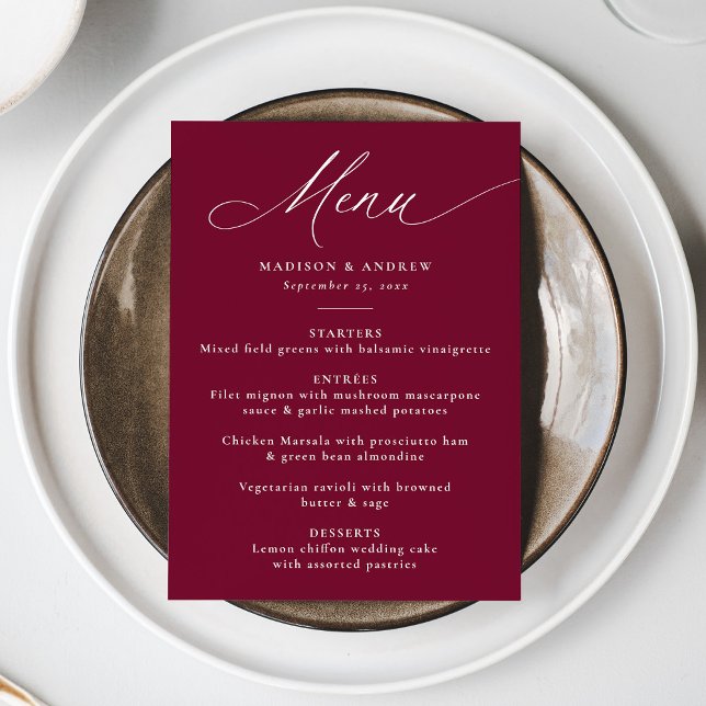 Menu Caligrafia Moderna e Elegante Casamento Borgonha (Criador carregado)
