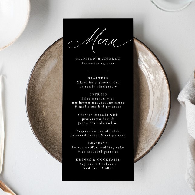 Menu Caligrafia Moderna e Elegante Casamento Preto e Br (Criador carregado)