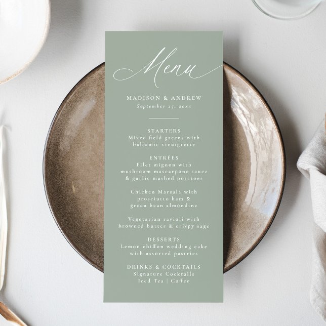 Menu Caligrafia Moderna e Elegante Casamento Verde Sábi (Criador carregado)