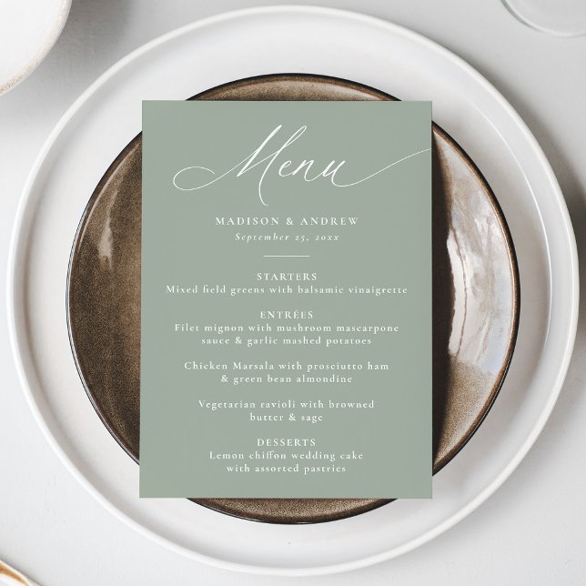 Menu Caligrafia Moderna e Elegante Casamento Verde Sábi (Criador carregado)