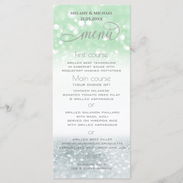 Menu Caligrafia moderna prateada neo mint glittery (Frente)
