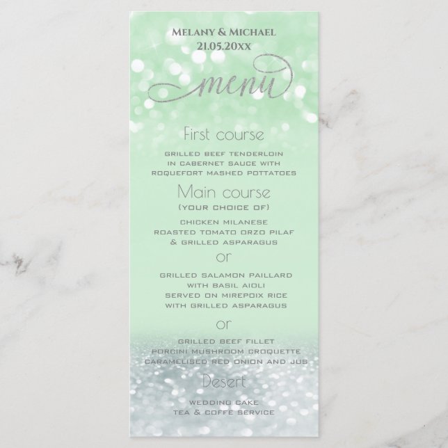 Menu Caligrafia moderna prateada neo verde clara brilha (Frente)