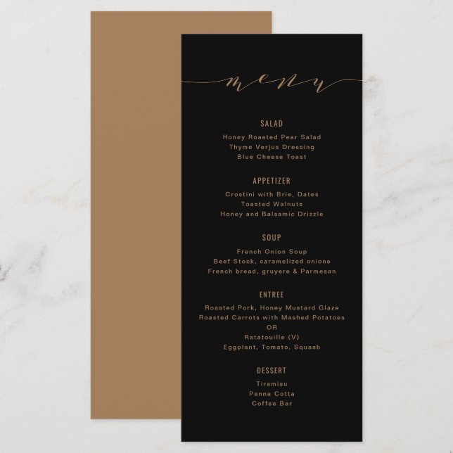 Menu Caligrafia moderna simples, preto e bronze (Frente/Verso)