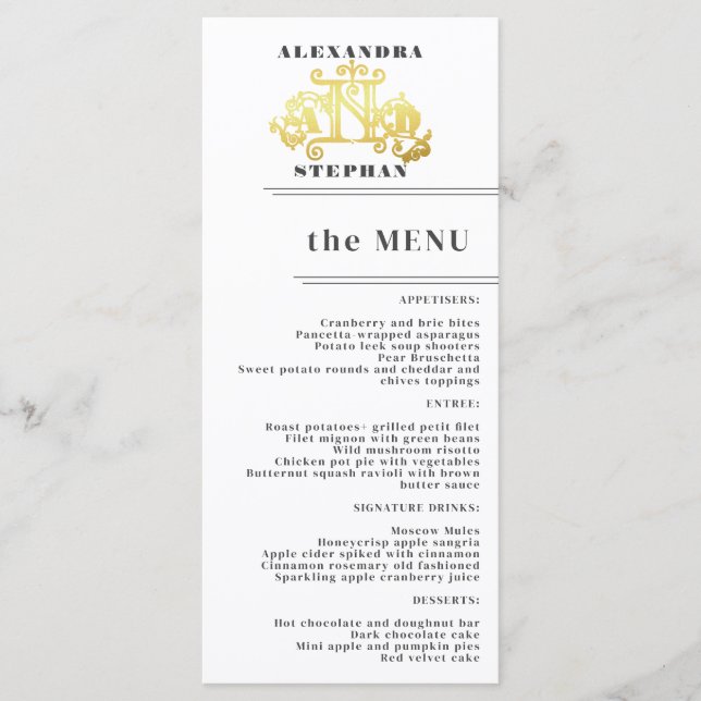 Menu Caligrafia romântica de luxo Casamento Dourado (Frente)