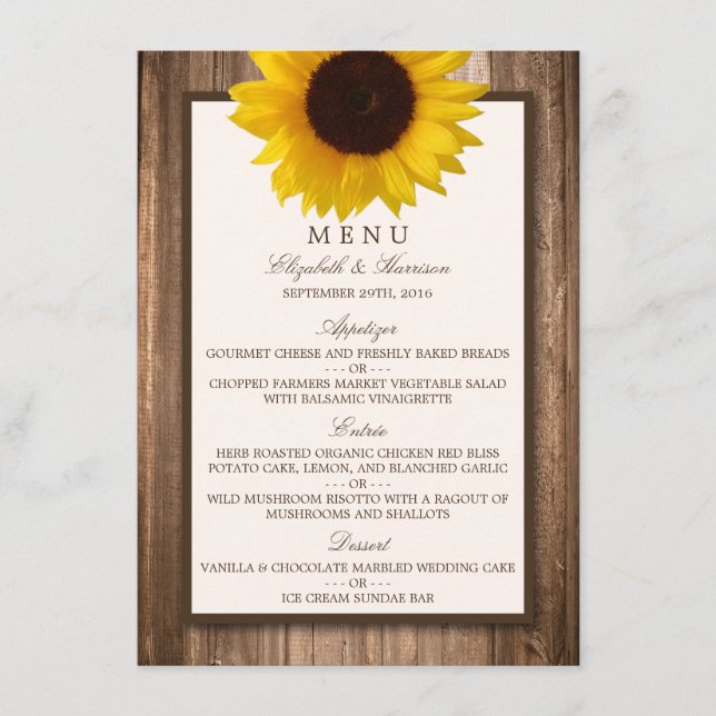 Menu Campo Rustic Sunflower & Brown Wood WedMenu (Frente)
