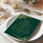 Menu Caramujos Dourados e Elegantes no casamento Verde<br><div class="desc">Este belo cardápio de casamento é simples,  elegante,  sofisticado e na moda. Ele apresenta um elegante design verde esmeralda com caligrafia de guião de ouro e delicados ouros e espirais nos cantos. O fundo é uma bela cor dourada marmoreada.</div>