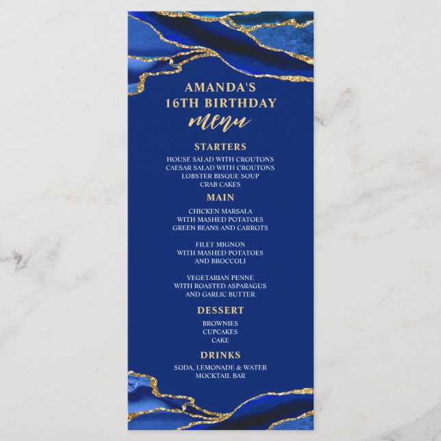 Menu Cardápio Azul Real e Dourado de Ágata (Frente)