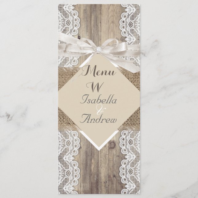 Menu Cardápio Casamento Rústico Bege Branco Renda Madei (Frente)