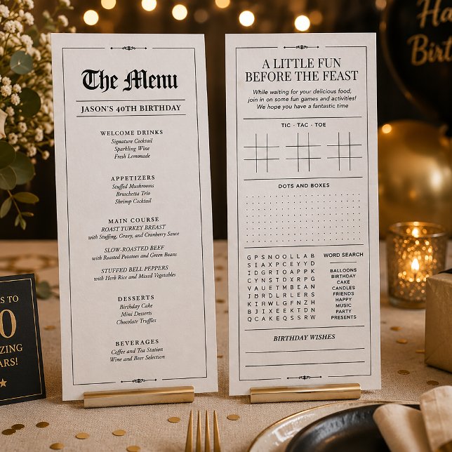 Menu Cardápio de Aniversário Personalizado, Interativo  (Custom Birthday Menu, Black White Interactive Menu)