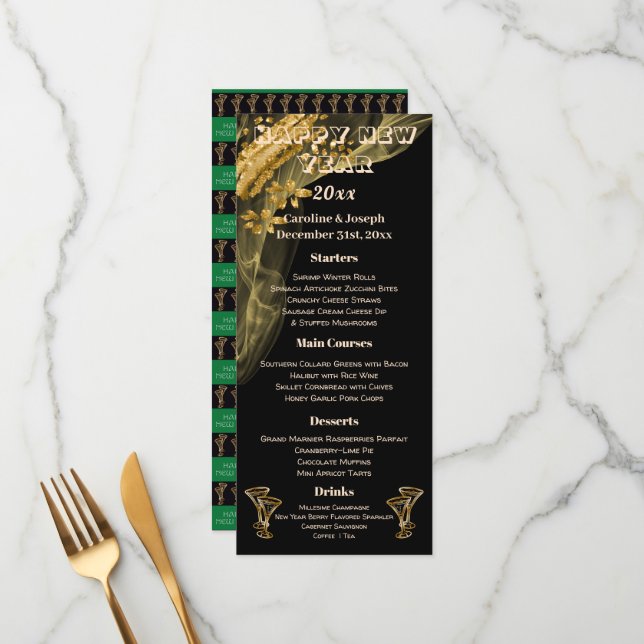 Menu Cardápio de Ano Novo Preto e Dourado e Copos de Ch (Frente/Verso In Situ)