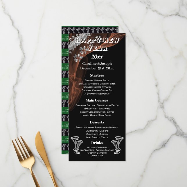 Menu Cardápio de Ano Novo Preto e Prata com Taças de Ch (Frente/Verso In Situ)