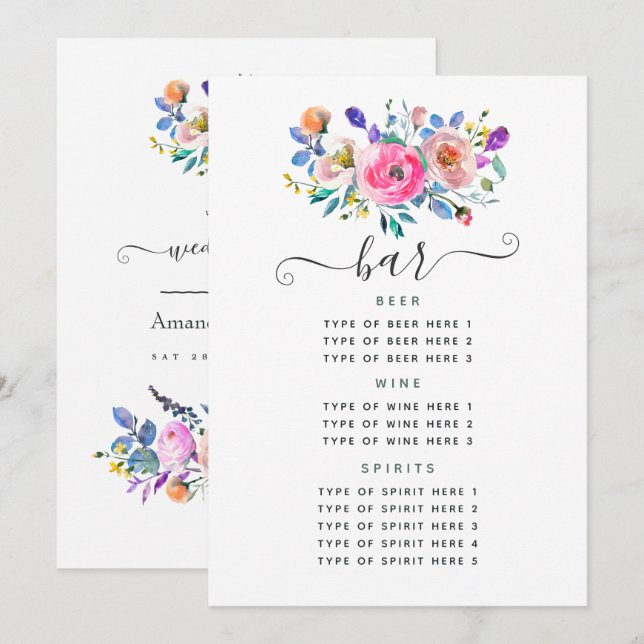 Menu Cardápio de Bar de Casamento Floral Rosa Choque Vi (Frente/Verso)
