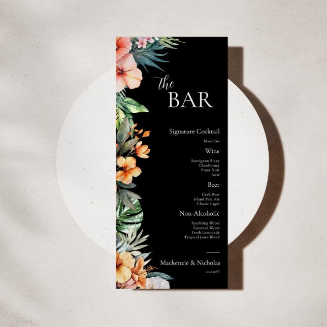 Menu Cardápio de Bar de Casamento Floral Tropical Boho  (tropical wedding bar menu)