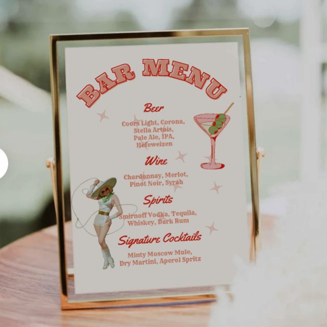 Menu Cardápio de Bar Western Cowgirl Drinks Especiais (western wedding bar menu, cowgirl cocktail menu sign, rustic country bar sign, custom rodeo party me)