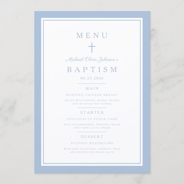 Menu Cardápio de Batismo de Menino Azul Bebê Moderno (Frente)