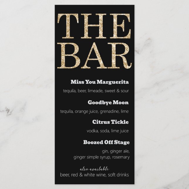 Menu Cardápio de Bebidas Brilhantes Preto e Dourado par (Frente)